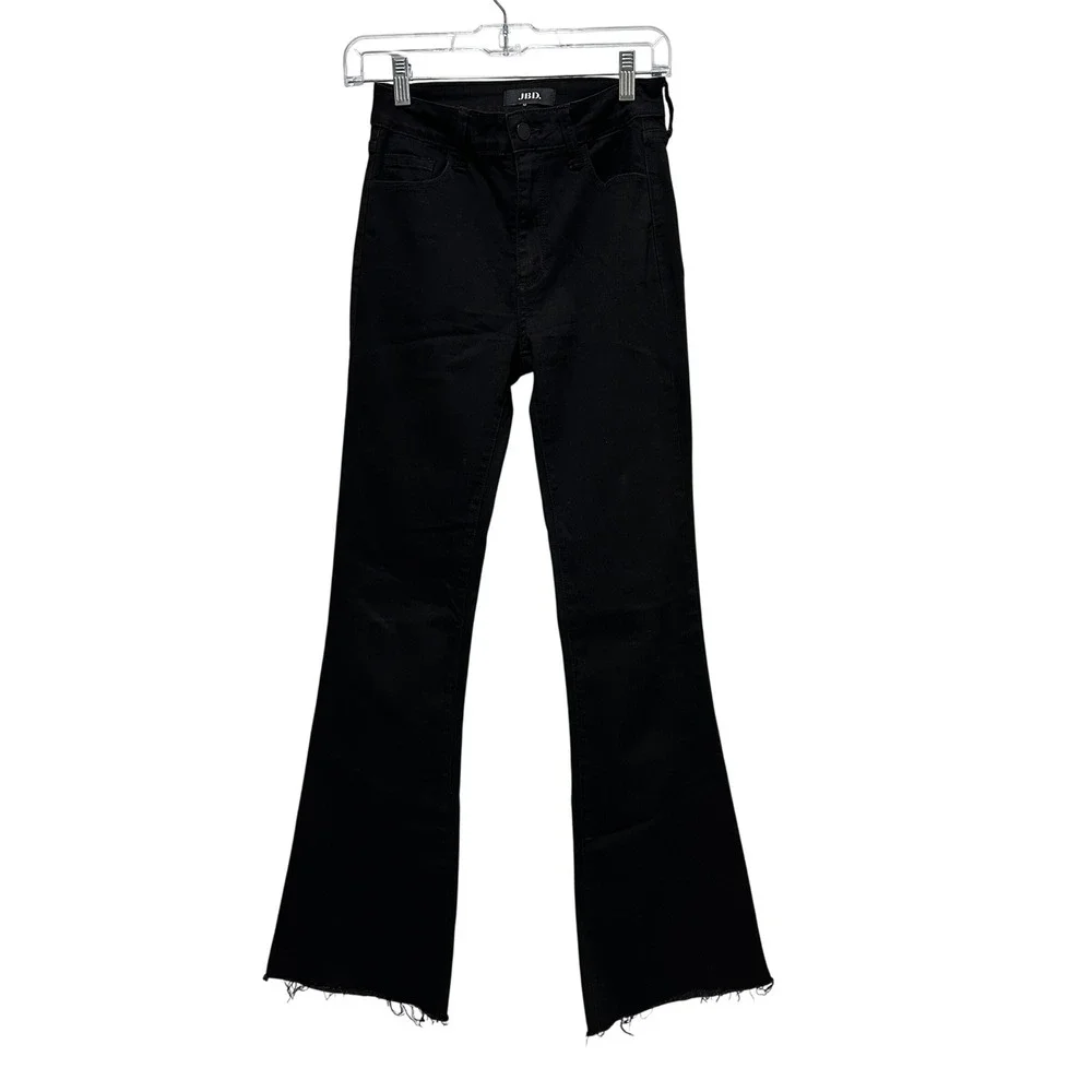 JBD Just Black Denim Flare Jeans Womens‎ 25 Black Raw Hem High Rise Stretch